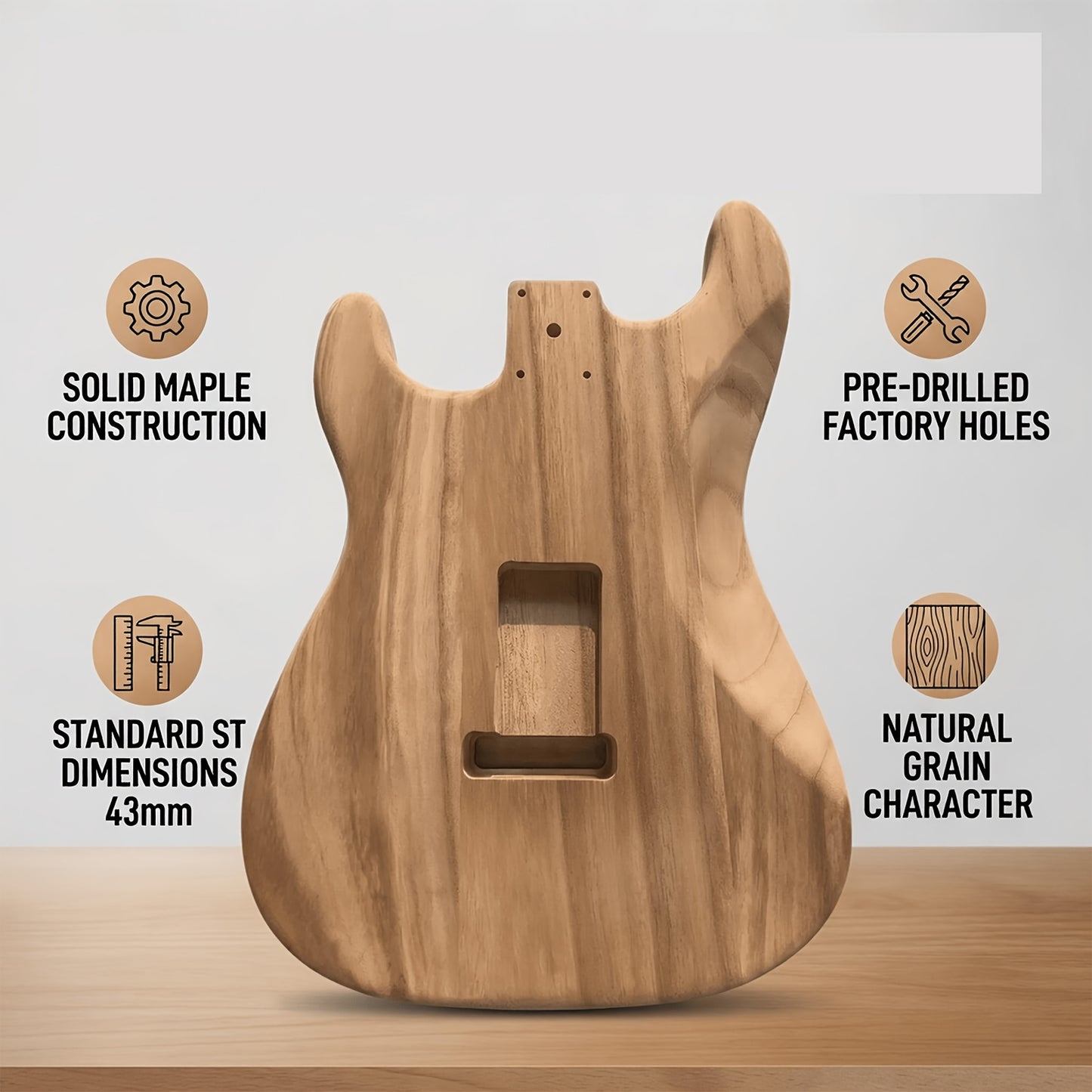 Solid Maple Electric Guitar Body, Polished Pre-Drilled Sealed Guitar Barrel Replacement For Standard Style Electric Guitar, 43mm Thickness, Great Resonance Bright Tone, Guitar Repair Upgrade Part, Handmade Assembly Component For Guitarists