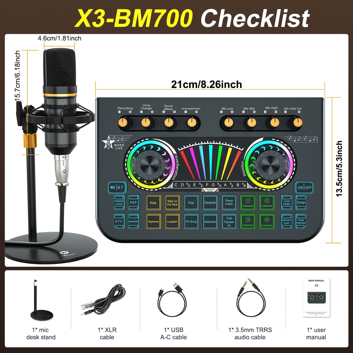Professional Podcast Dj Equipment Bundle Kit Live Sound Card Audio Mixer for Console Recording Microfono Stand, Music Studio Full Setup Estudio De Musical Streaming for Pc Phone Gaming Karaoke Machine with 2 Microphone Para Grabar Contenido