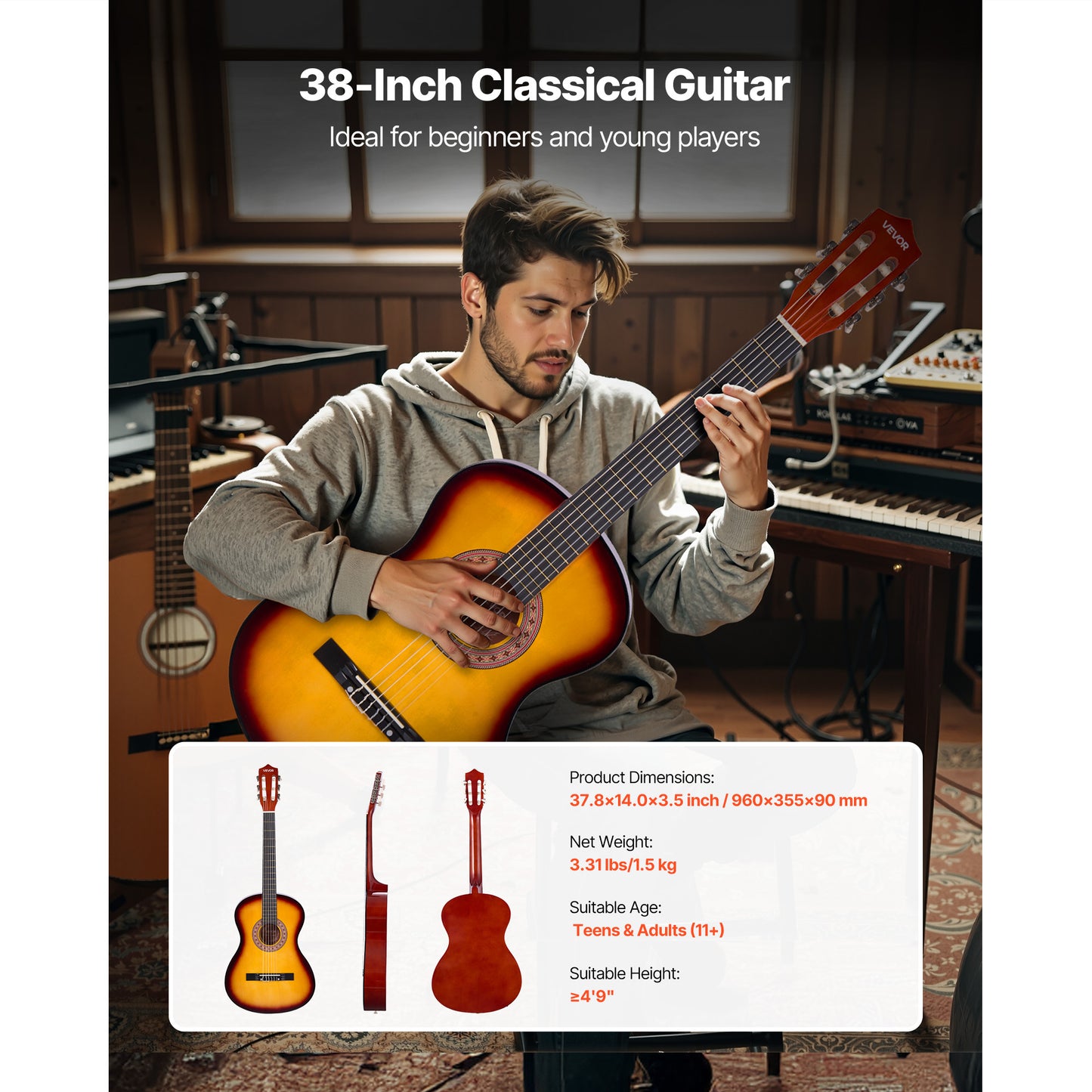 VEVOR Classical Guitar 38 in Guitar Beginner Starter Kit Nylon Strings Black/Natural Color/Blue/Pink/Sunrise Color