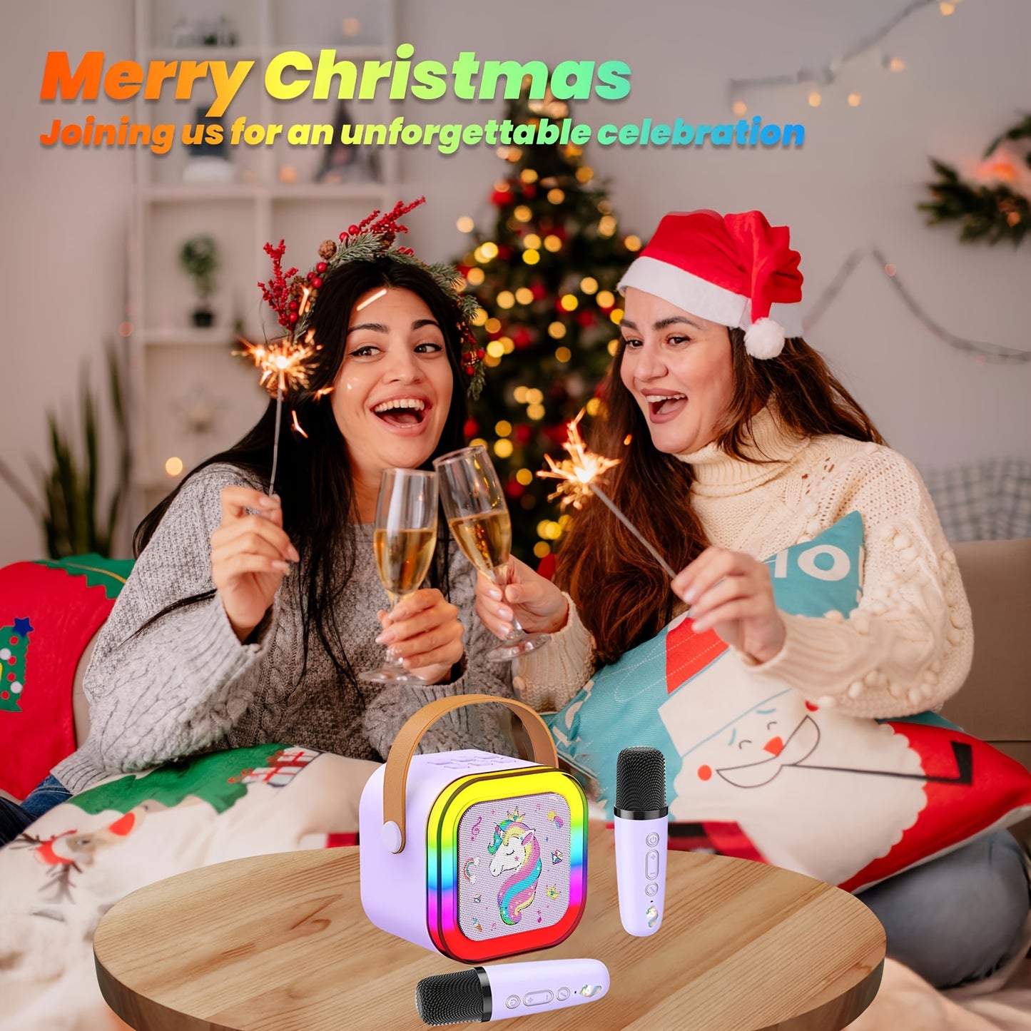 Unicorn Bluetooth Karaoke Speaker with 2 Wireless Microphones, Portable Karaoke Machine for Adults, Wireless Portable PA System for Home Party, Family Gathering & Christmas Gift, Easy to Use
