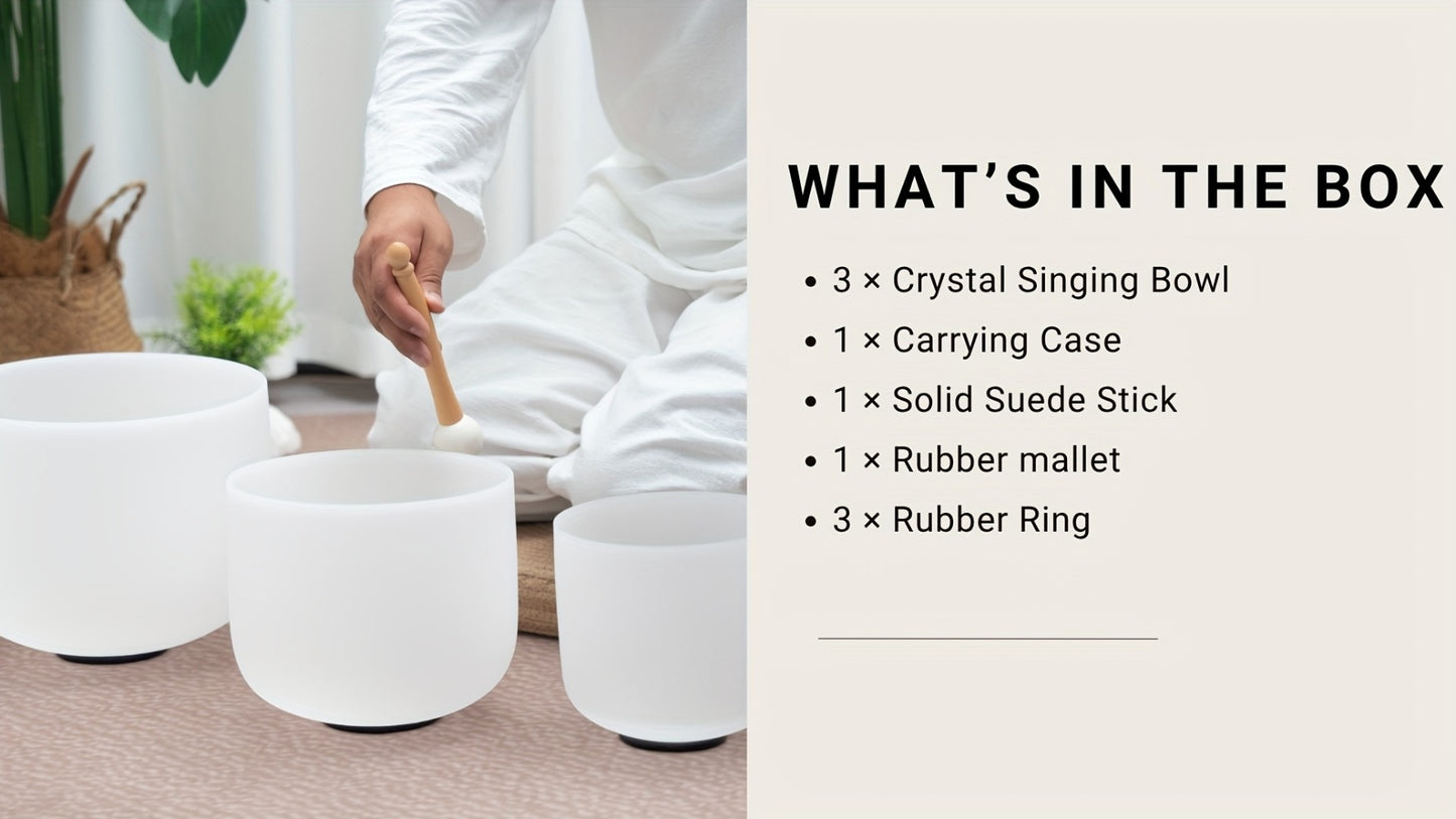 Quartz Crystal Singing Bowl Set, 7 to 11-Inch Three-Bowl Set with Case