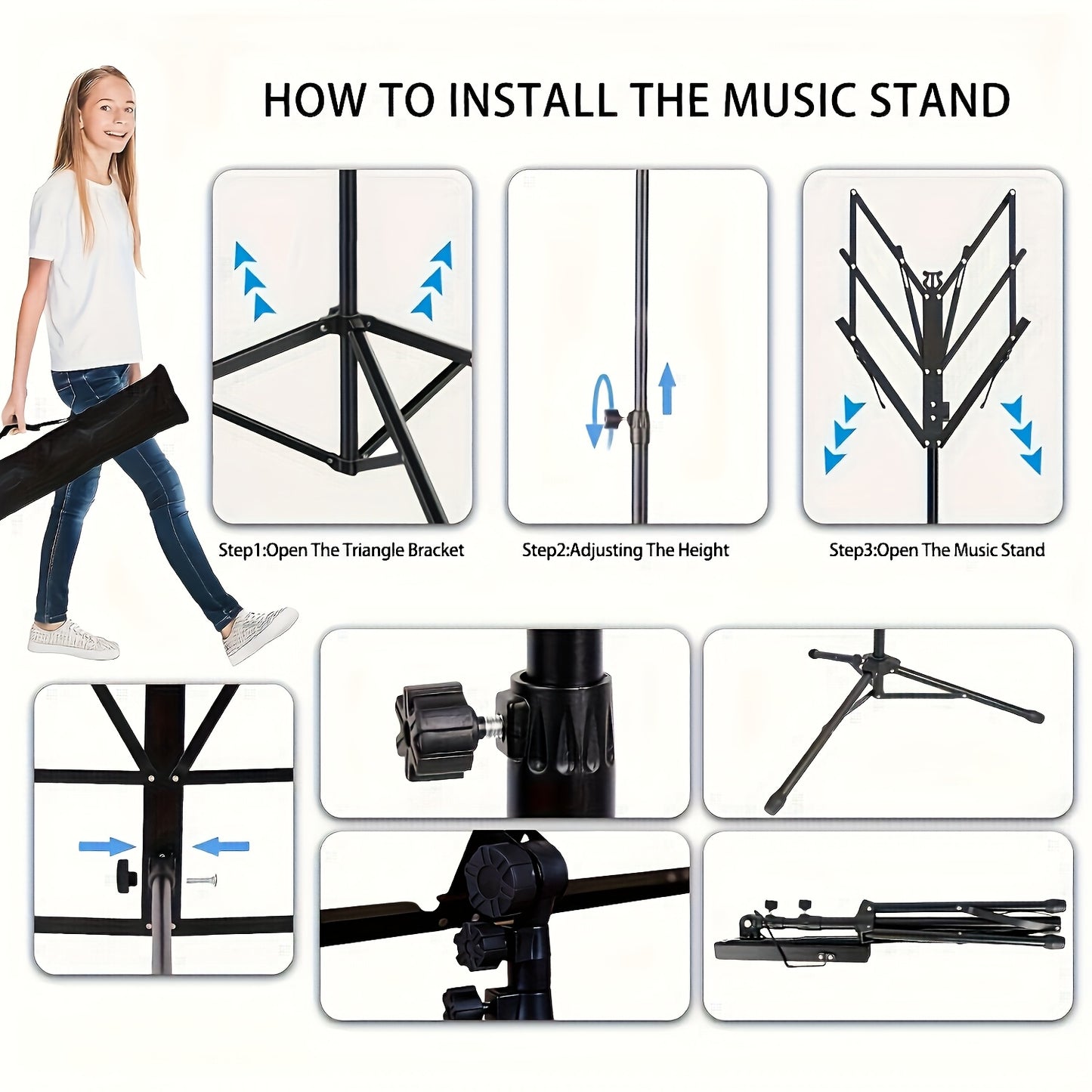 2-in-1 Portable Folding Music Stand & Desktop Book Holder - Dual-Use Sheet Music Stand with Clip Holder & Carrying Bag Suitable for Musicians, Teachers, Students, for,, Concerts, Travel - Lightweight Compact for Sheet Music