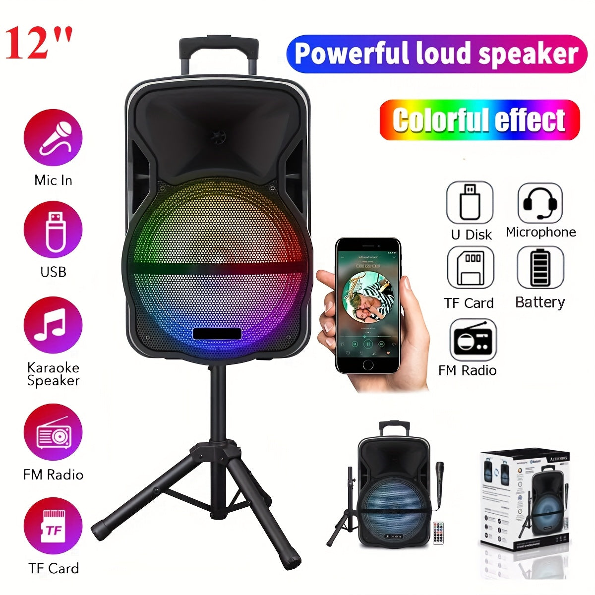 Portable Wireless Bluetooth Speaker, Heavy Bass PA Sound System Stereo, 8" 12" 15" Subwoofer with Stand, TWS FM AUX LED DJ Lights, Microphone Tripod Handle, Rechargeable for RV Car Truck Karaoke Machine