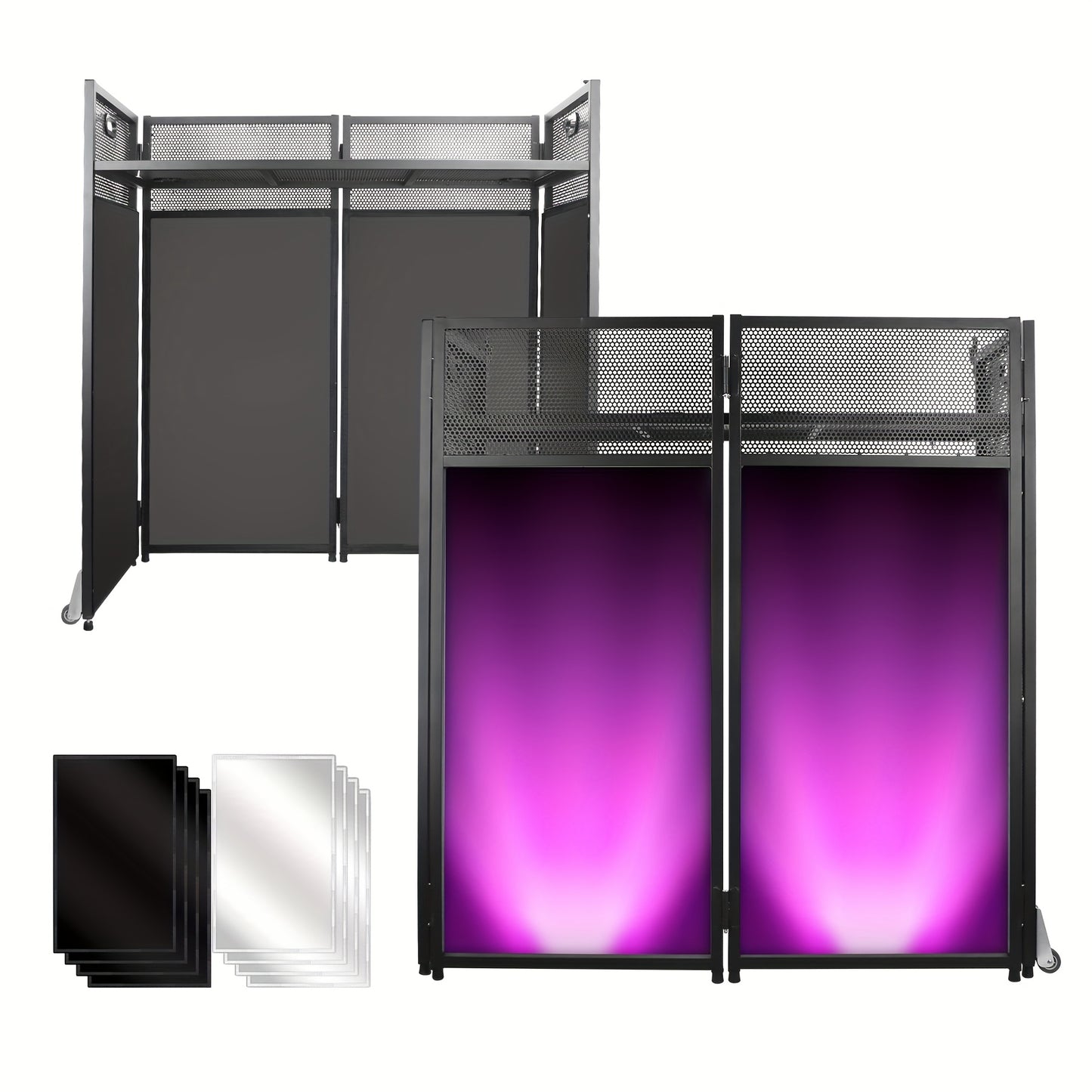 40" x 20" Portable DJ Facade Booth Table with Black & White Lighting Scrims, Flat DJ Panel, and Sturdy Black Metal Frame – Spacious Work Surface for Controllers, Laptops, and Mixers, Professional Dj Station | Professional Appearance | Durable Steel Frame