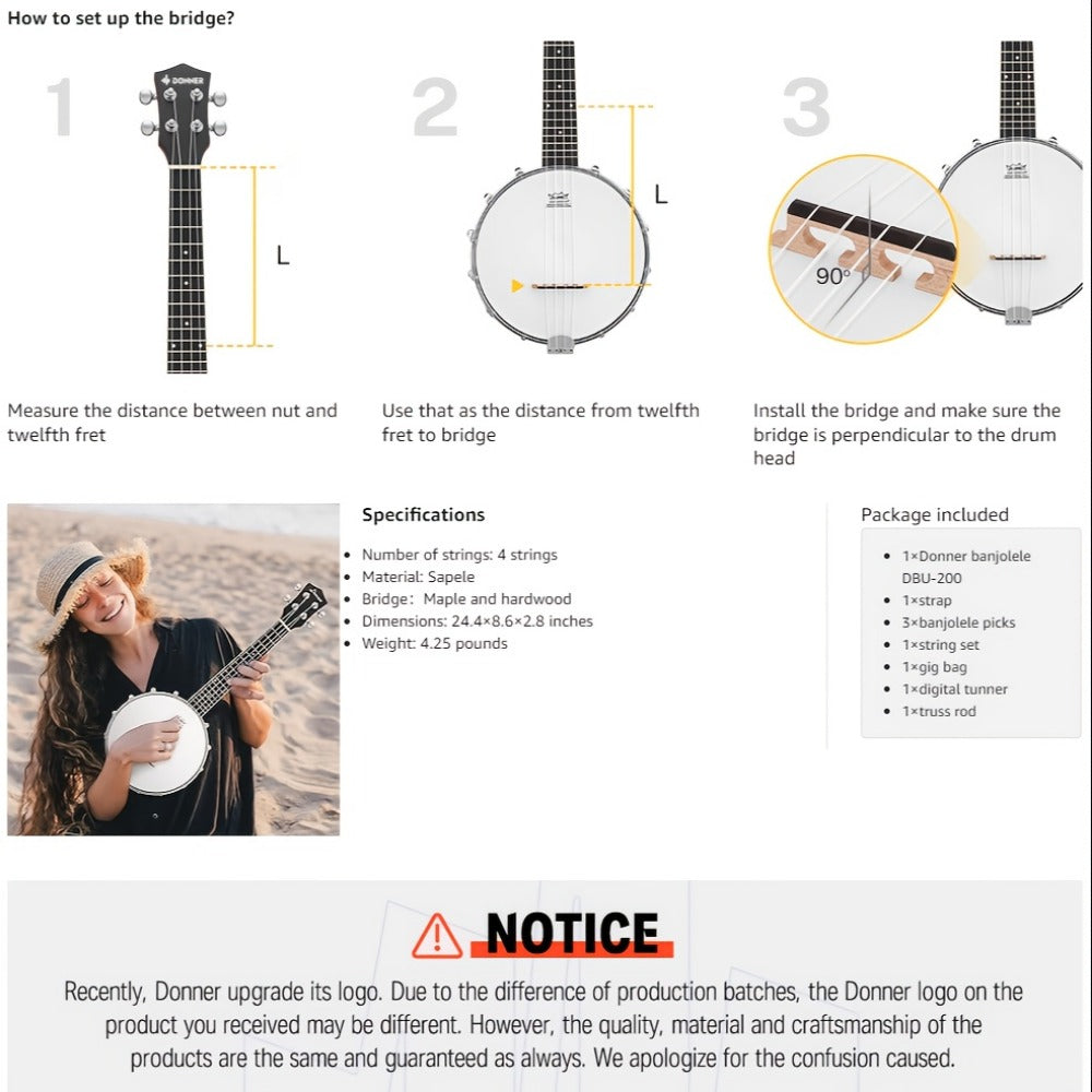 4-String Banjo Ukulele, 23-Inch Beginner Kit with Gig Bag and Picks