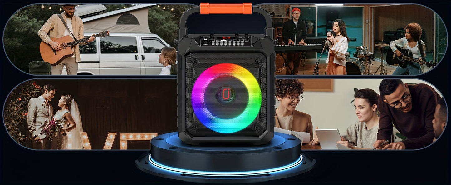 Portable Karaoke Speaker with Two Microphones And DJ Lights, Perfect for Home Parties And Gatherings. This Wireless PA System Supports USB, AUX Input, And Recording