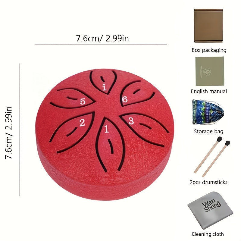 3-inch 6-tone Mini Portable Steel Tongue Drum - Beginner Handheld Percussion Instrument - Carbon Steel Hollow Drum, Includes Drumsticks, Cleaning Cloth, Sheet Music, and Easy Learning Guide, Essential for Carnivals and Weddings, Christmas