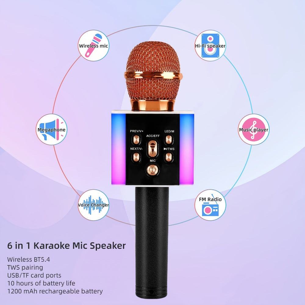 6-in-1 Wireless Karaoke Microphone Speaker with LED Lights and TWS