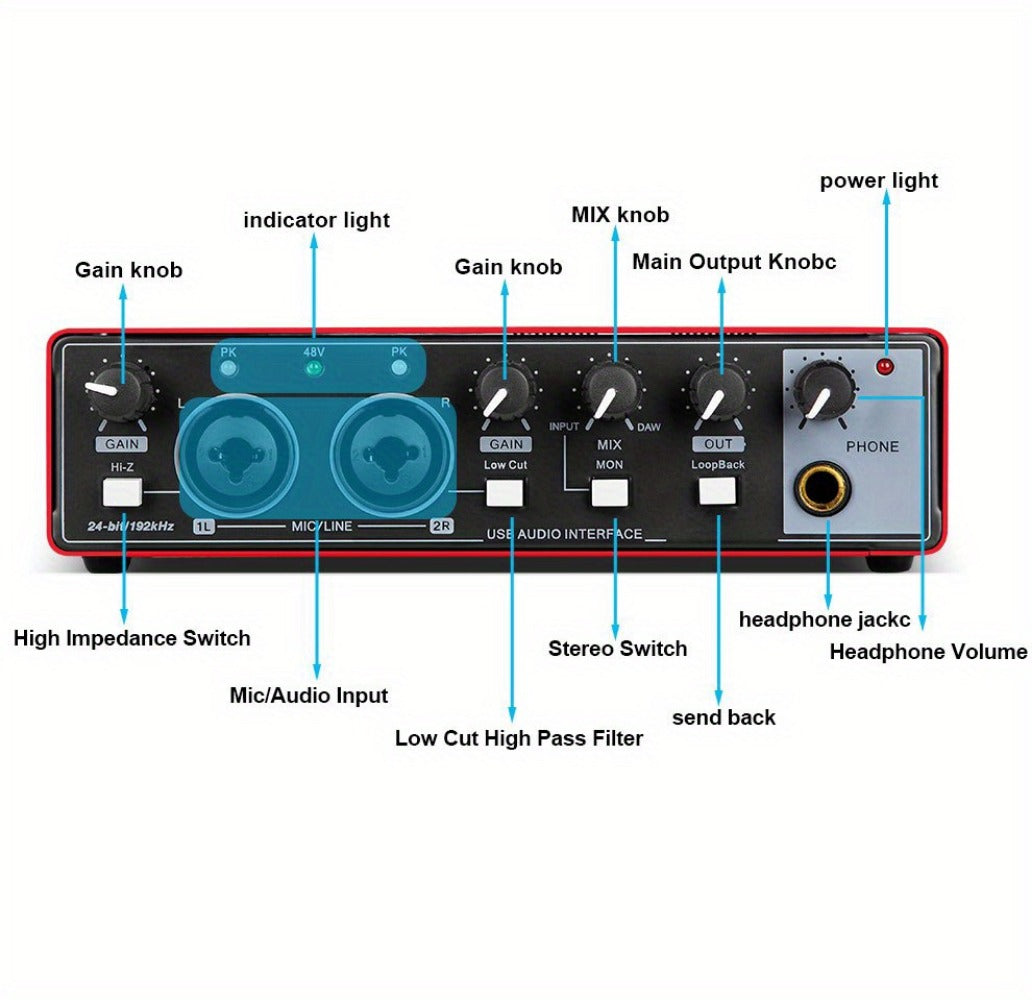 2-Channel USB Audio Interface, 24-Bit/192kHz with 48V Phantom Power