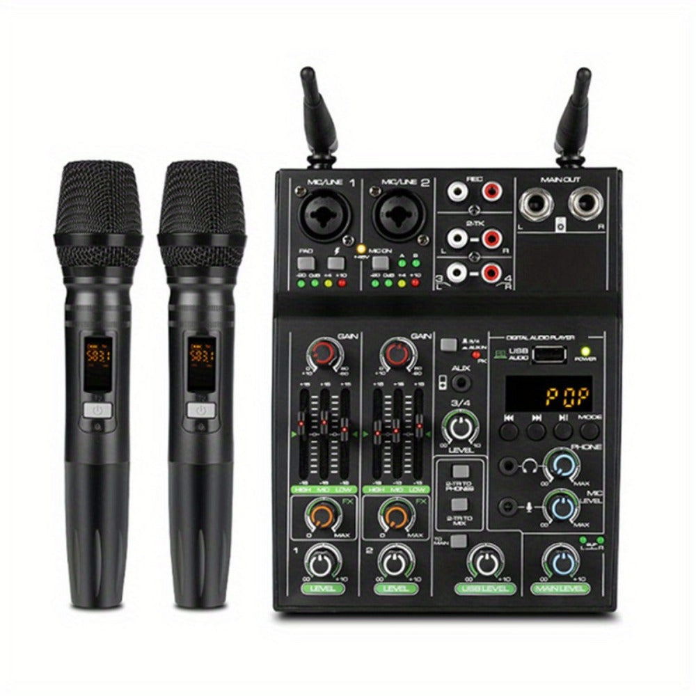 Audio Mixer, Wireless, USB, High-Quality, 4-Channel, UHF for Live Sound