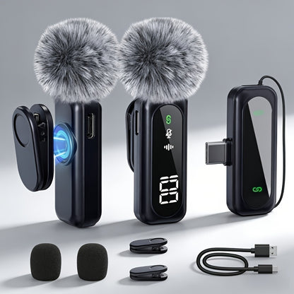 2.4G Wireless Lavalier Microphone with Feather Windscreen & Digital Display - Plug-and-Play Professional Noise-Canceling USB-C Portable Mic Suitable for Streaming, Vlogging, Podcasts, Interviews - Compatible for Phone/PC/Tablet