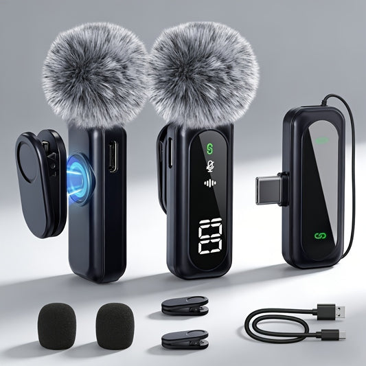 2.4G Wireless Lavalier Microphone with Feather Windscreen & Digital Display - Plug-and-Play Professional Noise-Canceling USB-C Portable Mic Suitable for Streaming, Vlogging, Podcasts, Interviews - Compatible for Phone/PC/Tablet