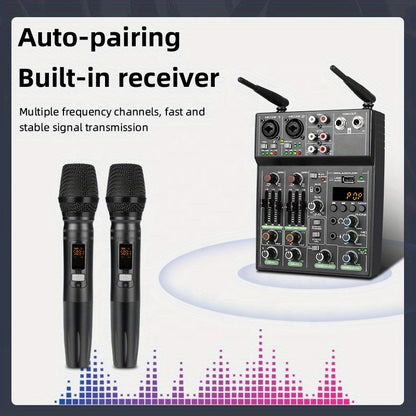 High-Quality 4-Channel Mixer with UHF Wireless Microphone System - Perfect for Music Performance and Karaoke, 48 Phantom Power, Wireless Phone Connectivity for an Exceptional Music Experience
