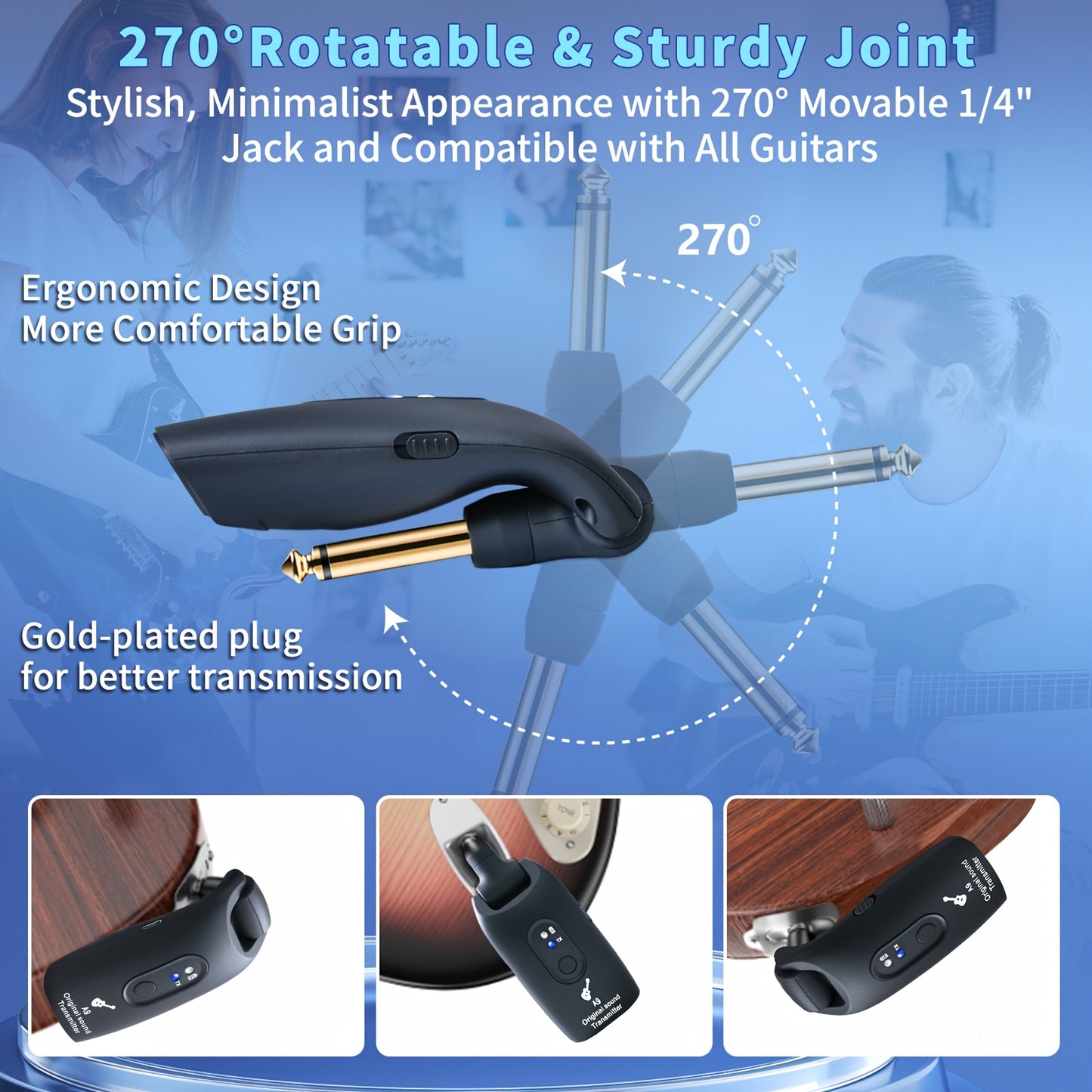 Wireless Guitar System 2.4GHz Built-in Rechargeable Lithium Battery 270°Rotatable Audio Wireless Transmitter Receiver for Acoustic Guitar Bass Violin Keyboard Electric Instruments, A9