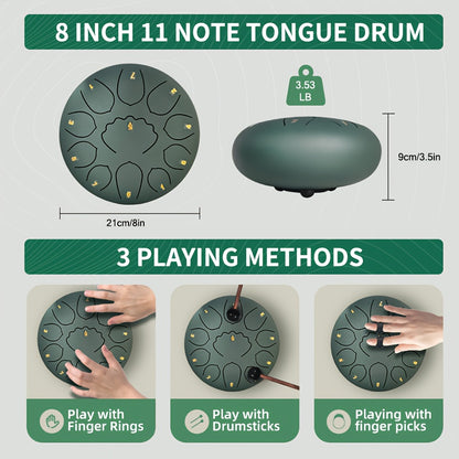 Rain Drum 11 Notes 8 Inches Steel Tongue Drum for Outside Garden with Drum Bag, Music Book, Drum Mallets, Mallet Holder, Steel Drum for Yoga, Meditation, Prenatal Education