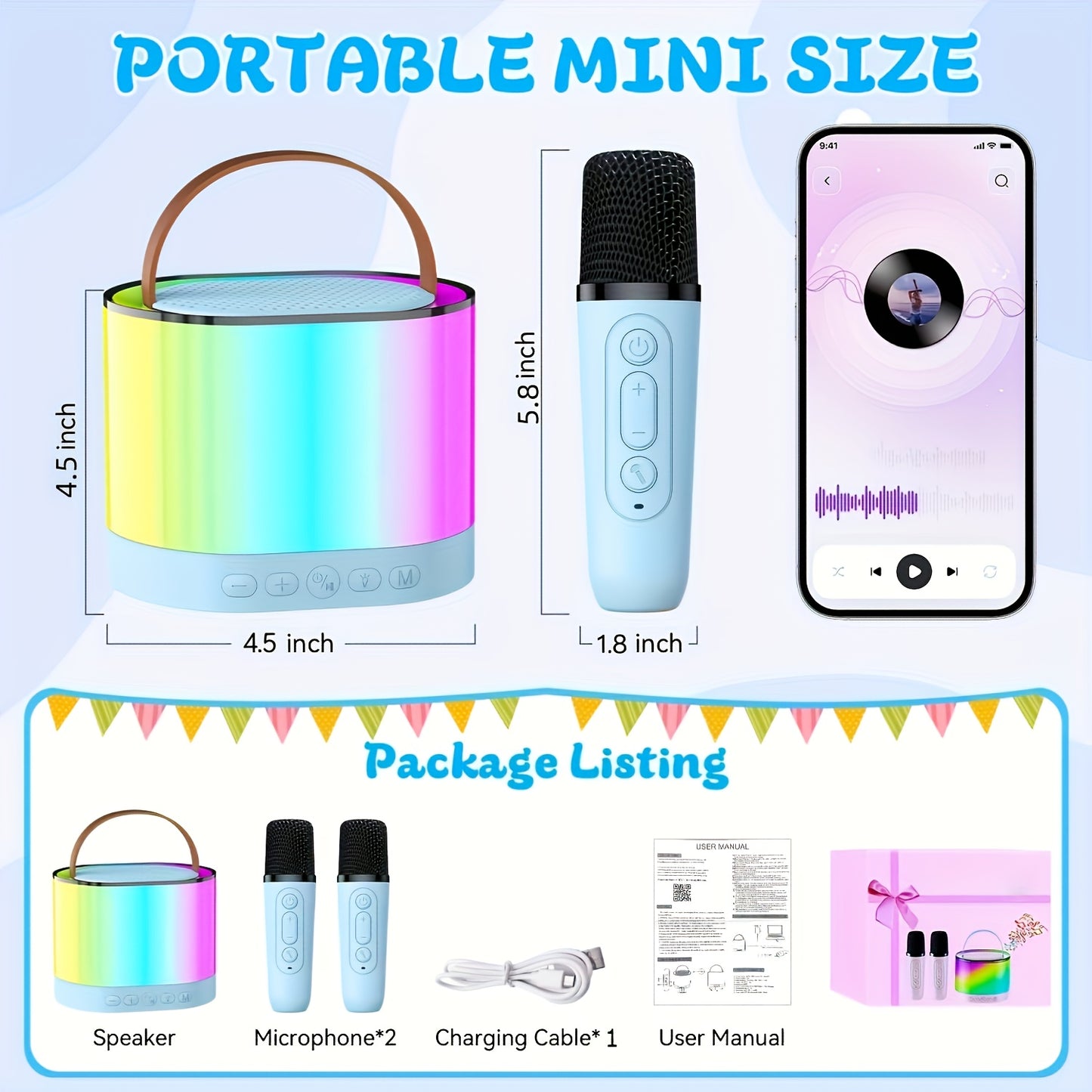 Mini Karaoke Machine, A Popular Birthday Gift In 2025, Portable Wireless Speaker, Equipped With 2 Wireless Microphones, Premium Songs, Dazzling Lights, Family Gatherings, Holiday Gift.