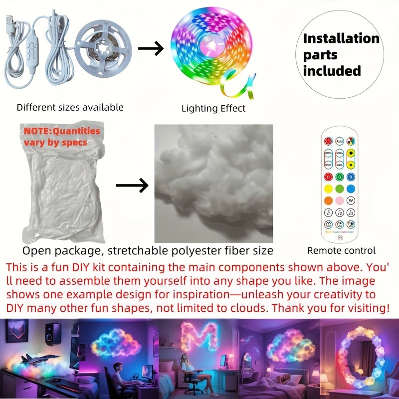 3D Thunder Cloud LED Light DIY Set with Music Sync, RGB Multicolor Changing Strip Lights USB Powered, Wireless Remote, 360 Degree Wall/Ceiling Mount, Bedroom, Gaming Room, St. Patrick's Day, Valentine's Day Gifts, Birthday Party Decorations