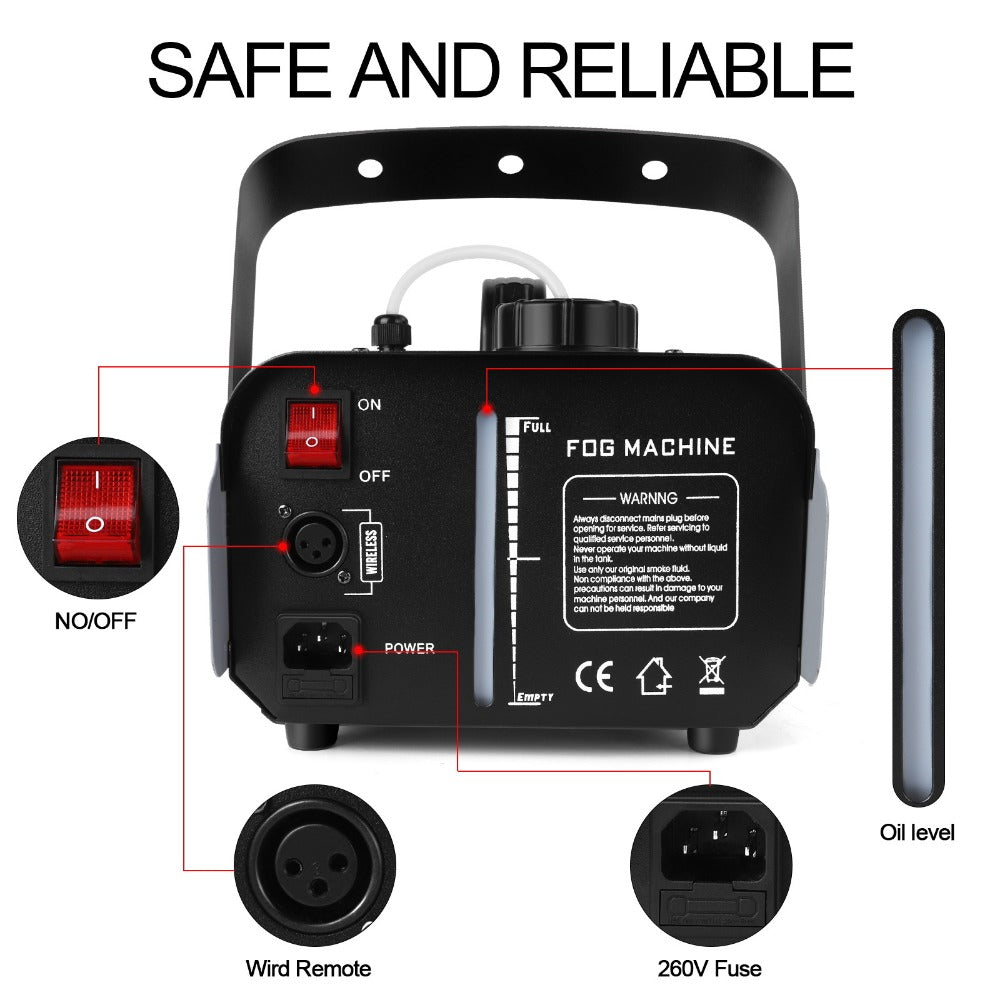Stage Fog Machine, RGB, Remote Control, 1200W, LED for Stage and Party Lighting