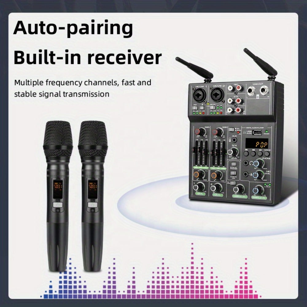 Audio Mixer, Wireless, USB, High-Quality, 4-Channel, UHF for Live Sound