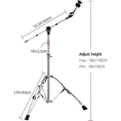 Adjustable Cymbal Stand with Drum Sticks Holder | High Boom and Straight Combo, Double Braced Legs with Rubber Feet, Floor Mount, Silvery Grey, KEERPUSI