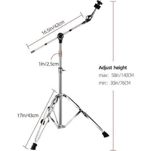 Adjustable Cymbal Stand with Drum Sticks Holder | High Boom and Straight Combo, Double Braced Legs with Rubber Feet, Floor Mount, Silvery Grey, KEERPUSI