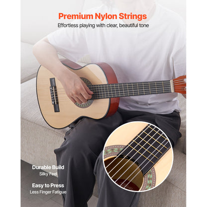 VEVOR Classical Guitar 30 in Guitar Beginner Starter Kit Nylon Strings Sunburst Sunrise Color/Black/Natural Color/Pink