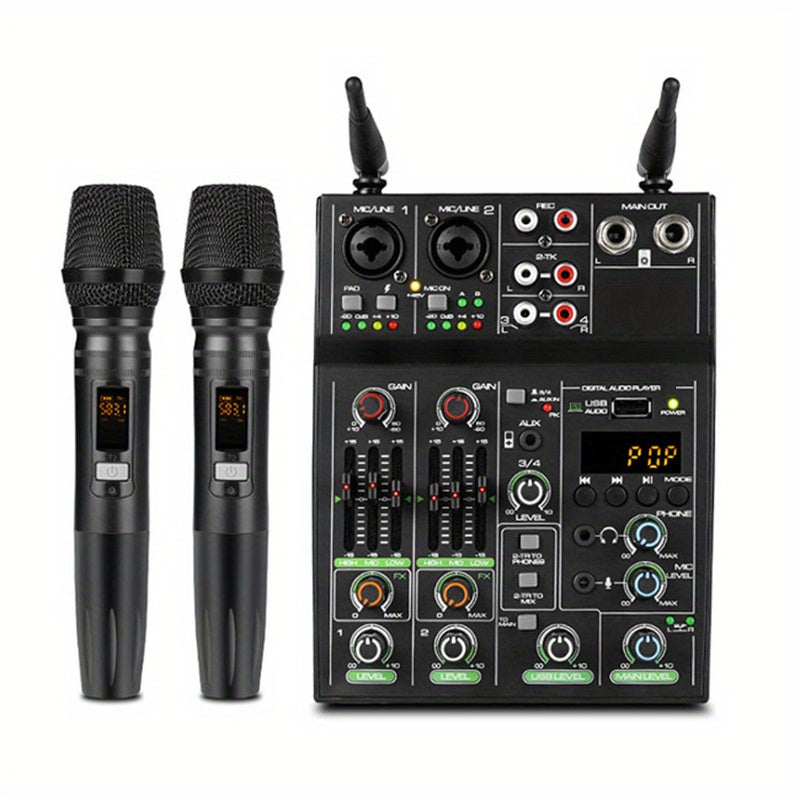 High-Quality 4-Channel Mixer with UHF Wireless Microphone System - Perfect for Music Performance and Karaoke, 48 Phantom Power, Wireless Phone Connectivity for an Exceptional Music Experience