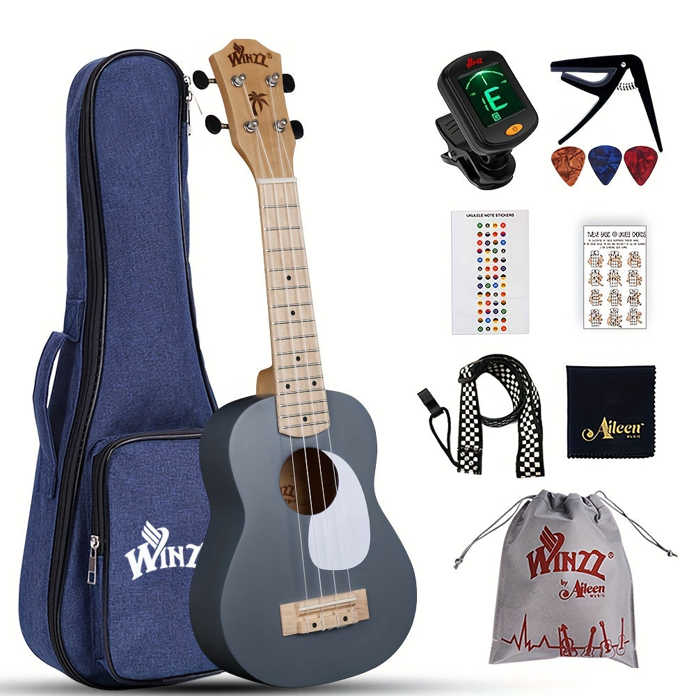 WINZZ TG-U2 21 Inch Soprano Ukulele Pack Bundle W/Free Lessons, Padded Bag, Tuner, Strap, Capo, 3*Picks