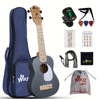 WINZZ TG-U2 21 Inch Soprano Ukulele Pack Bundle W/Free Lessons, Padded Bag, Tuner, Strap, Capo, 3*Picks