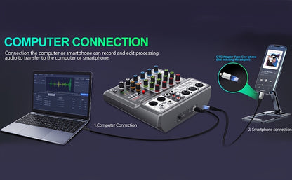 Aveek Professional Audio Mixer, Audio Mixing Console, USB BT Echo Delay Effect with 5-channel Audio Interface, Phantom Power Input Stereo DJ Mixer for Recording, Live Broadcasting And Podcasts.