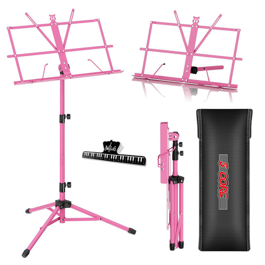 5 Core Music Stand Height Adjustable Desktop Book Stands Portable Sheet Holder All Metal Bookstand Foldable Atril Para Partituras w Carrying Bag & Clip Pink - MUS FLD PNK