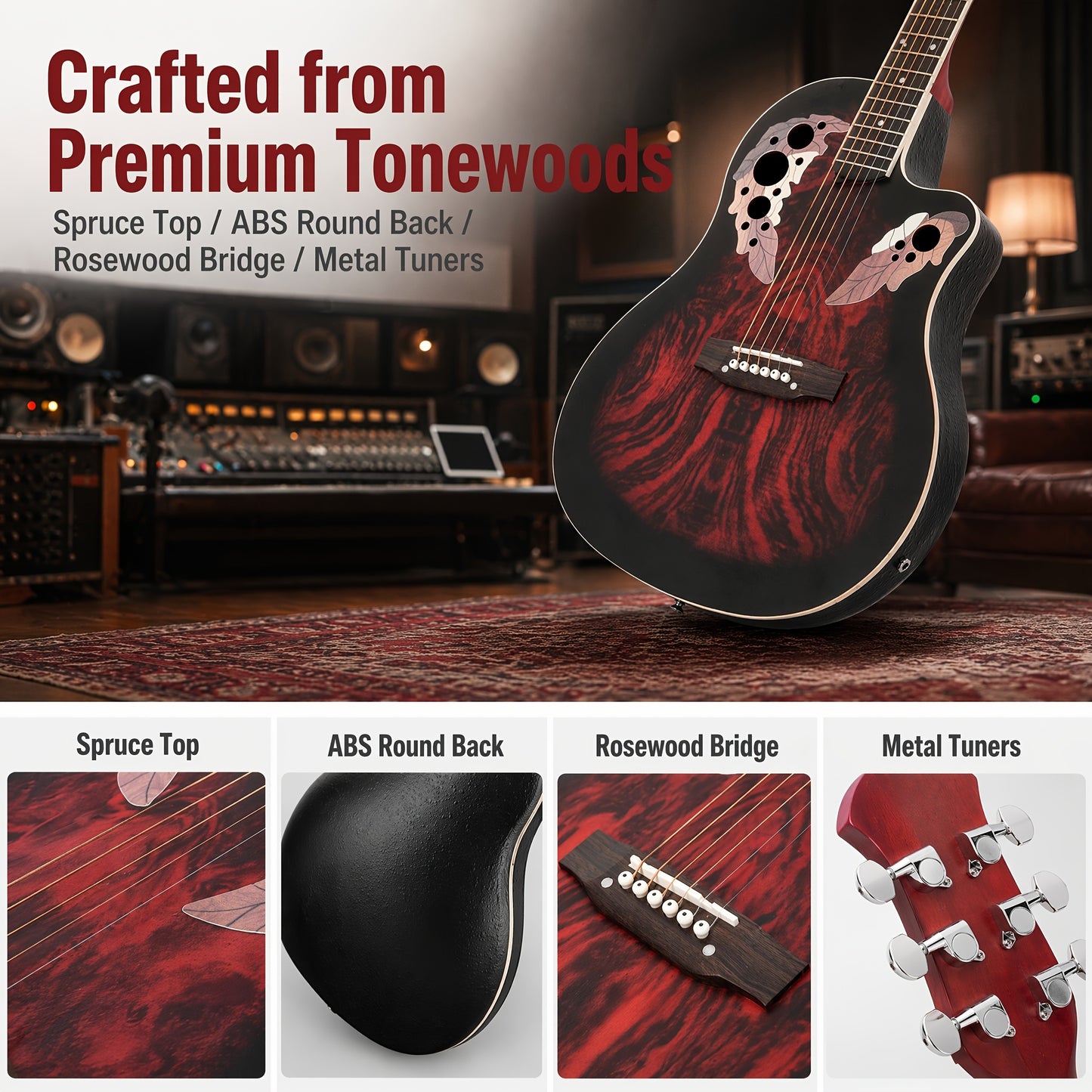 [Electric Acoustic Guitar] 41-Inch Full-Size Cutaway Electric Acoustic Guitar Grape Soundhole Spruce Top Round Back