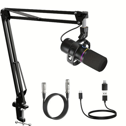 XLR and USB Dynamic Microphone Kit with Noise Control and Boom Arm