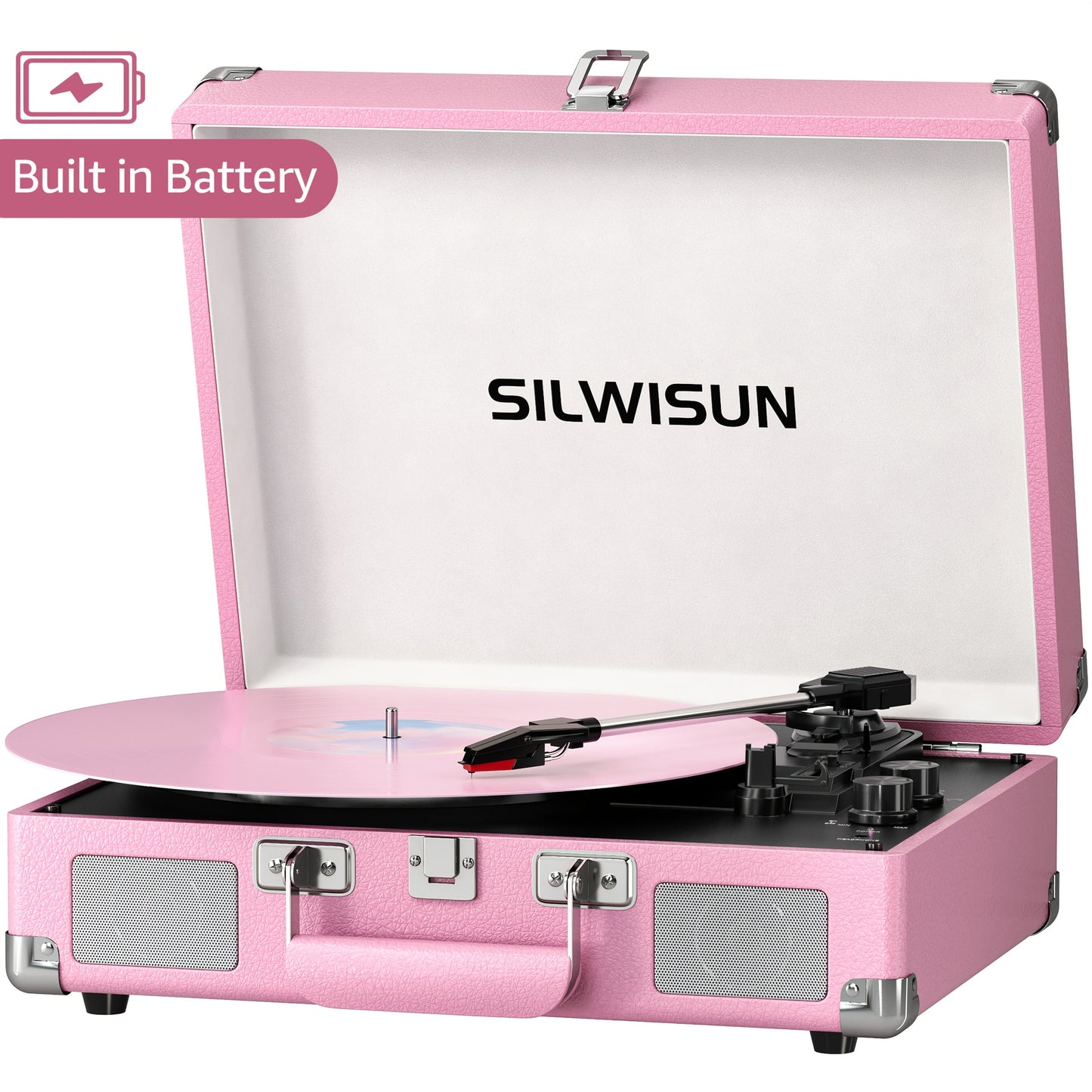 Vinyl Record Player Built in Battery 3 Speed Turntable with Wireless, Portable Suitcase, Built in Speakers, 3.5Mm Headphone Jack Aux In/Rca Out for Home Decoration Gift Pink Green Brown Black