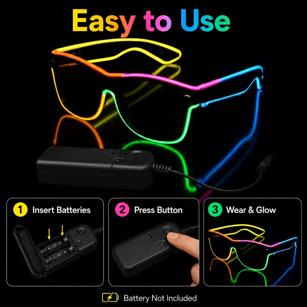 LED Light-Up Glasses, Adjustable EL Wire Eyewear for Festivals and Parties