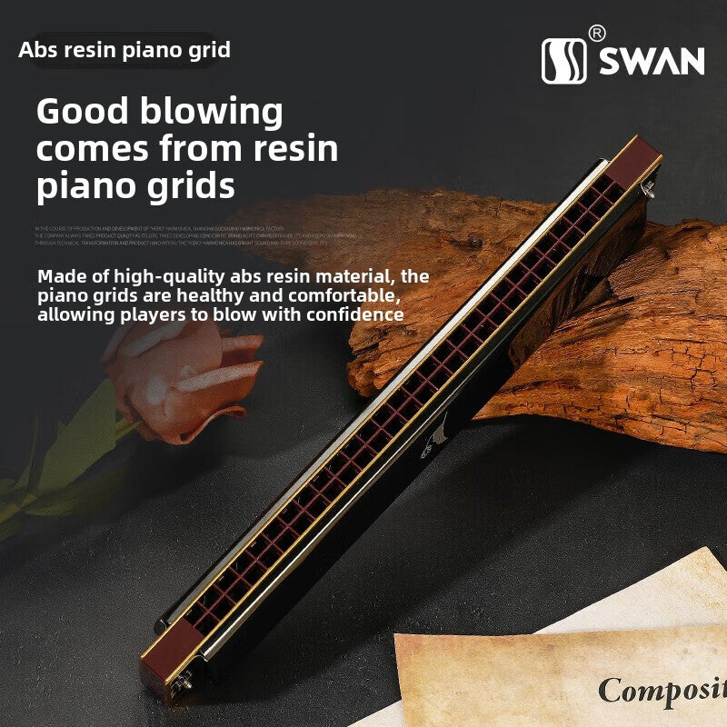 SWAN 28-Hole Chromatic Harmonica In C Key Wide Sound Range High-end Adult Heavy Sound Professional Performance 28-Hole Alphabet Beginner Model- Black Chromatic C Tuning