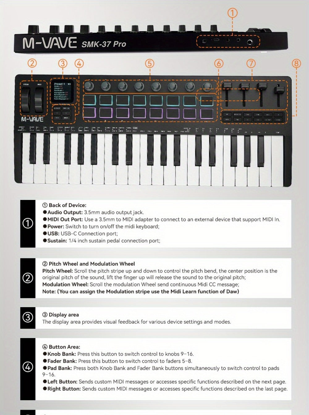 MIDI Keyboard Controller, Pure Black, Wireless, M-VAVE, SMK37PRO, Professional for Music