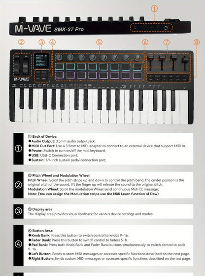 MIDI Keyboard Controller, Pure Black, Wireless, M-VAVE, SMK37PRO, Professional for Music