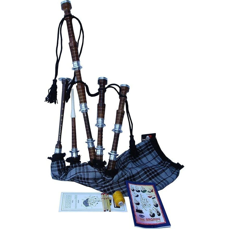 HAAUR TRADERS Scottish Bagpipe Rosewood Royal Stewart Tartan Natural Color with Silver Plain Mounts Free Tutor Book, Carrying Bag, Drone, Reeds