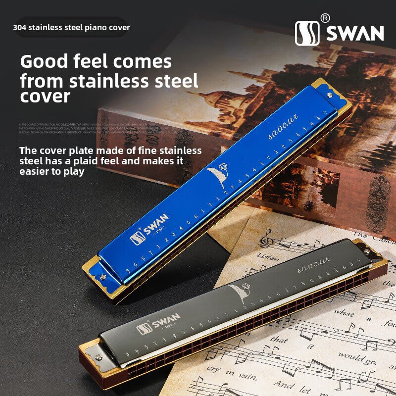 SWAN 28-Hole Chromatic Harmonica In C Key Wide Sound Range High-end Adult Heavy Sound Professional Performance 28-Hole Alphabet Beginner Model- Black Chromatic C Tuning