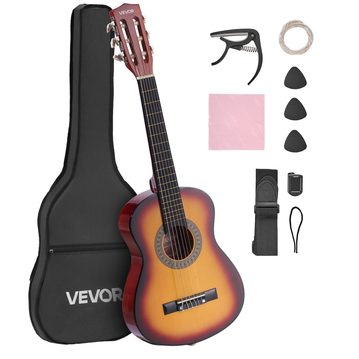 VEVOR Classical Guitar 30 in Guitar Beginner Starter Kit Nylon Strings Sunburst Sunrise Color/Black/Natural Color/Pink