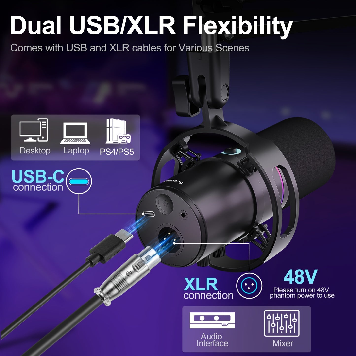 Socodox XLR/USB Dynamic Microphone Kit, RGB Podcast Mic with Software, Mute, Gain Knob, Volume Control, Boom Arm for Streaming, Gaming, Voice-Over, Recording- Black