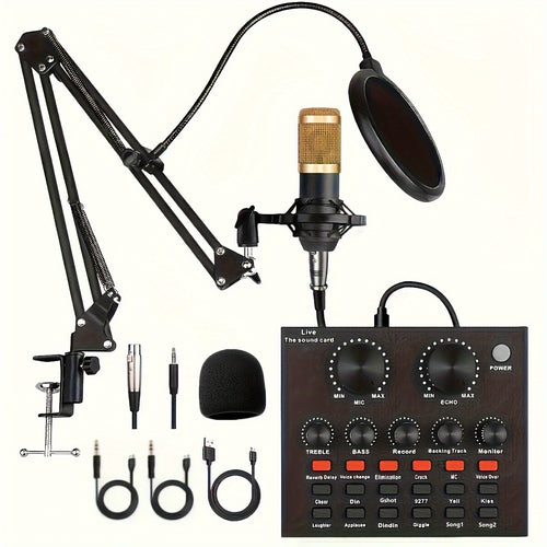 Podcast Equipment Bundle, Wired Microphone, BM800 Podcast Condenser Microphone And V8 Sound Card, Voice Changer-Audio Interface - Suitable for Recording, Singing, Streaming Media And Games