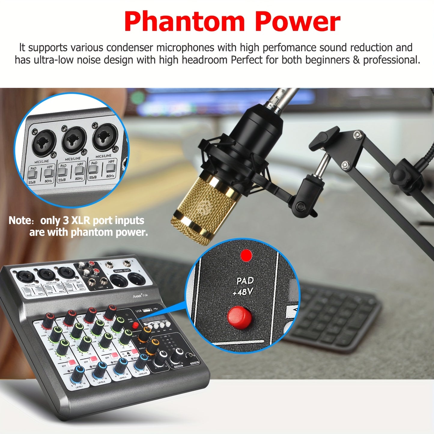 Aveek Professional Audio Mixer, Audio Mixing Console, USB BT Echo Delay Effect with 5-channel Audio Interface, Phantom Power Input Stereo DJ Mixer for Recording, Live Broadcasting And Podcasts.