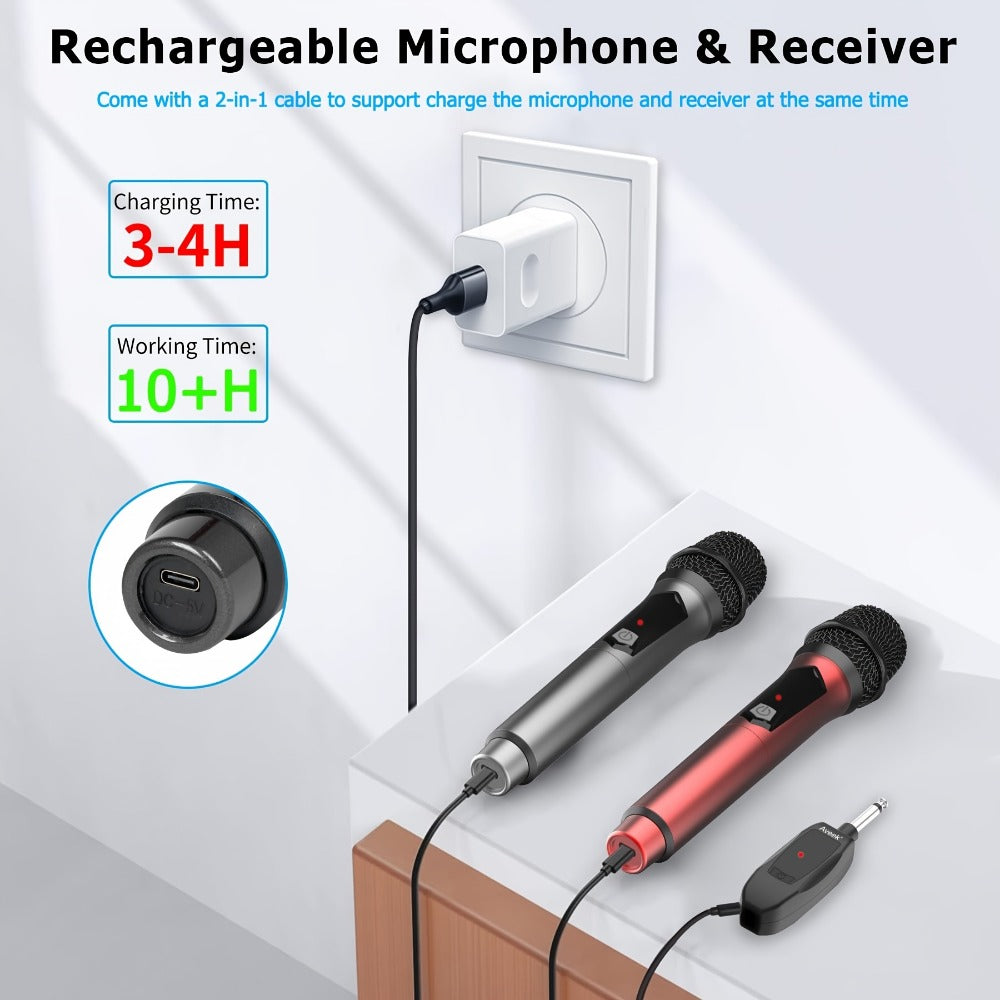 Dual Wireless Handheld Microphone System with Rechargeable Receiver