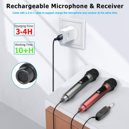 Dual Wireless Handheld Microphone System with Rechargeable Receiver