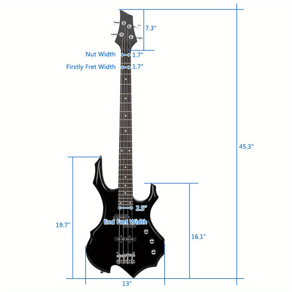 Electric Bass Guitar, Obsidian, Full Size, LEADZM, Burning, Fire for Lessons and Practice