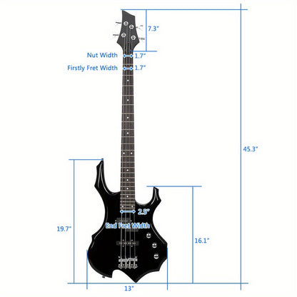 Electric Bass Guitar, Obsidian, Full Size, LEADZM, Burning, Fire for Lessons and Practice