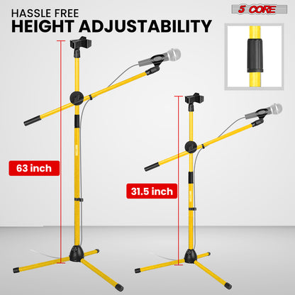 5 Core Microphone Stand Floor 2 Mic Clips Universal Height Adjustable 63" Dual Tripod Mic Stands w Telescoping Boom Arm Foldable Portable