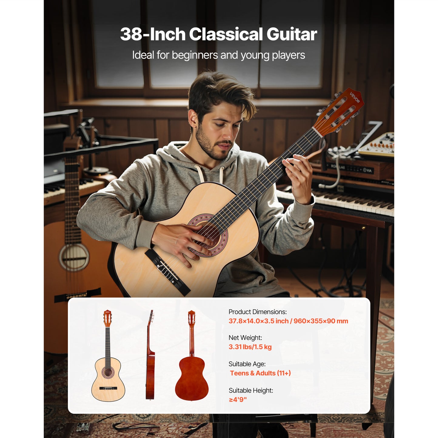 VEVOR Classical Guitar 38 in Guitar Beginner Starter Kit Nylon Strings Black/Natural Color/Blue/Pink/Sunrise Color